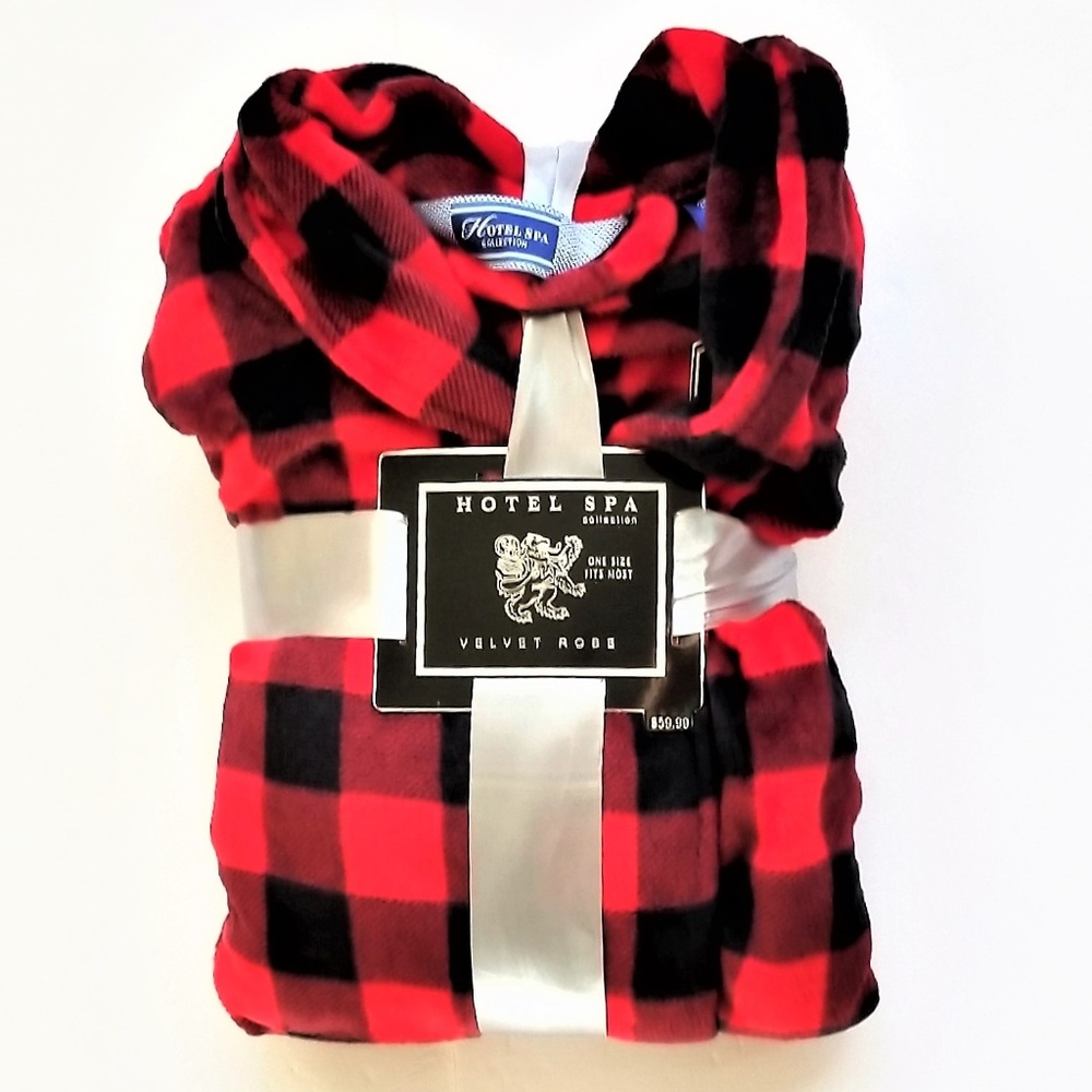 Mens Bathrobe Hotel Spa Plush Plaid One-Size NEW - Picture 2 of 6